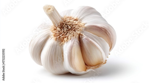 a close up of a whole garlic bulb with exposed cloves, set against a white background