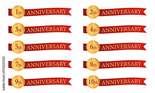 アニバーサリー周年記念  赤いリボン付きセット ベクター素材（1周年, 2周年, 3周年, 4周年, 5周年, 6周年, 7周年, 8周年, 9周年, 10周年）