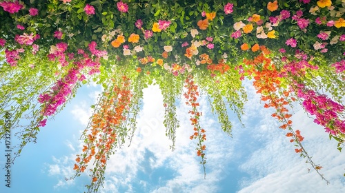 A vibrant hanging garden bursting with flowering vines and bright tropical colors 
