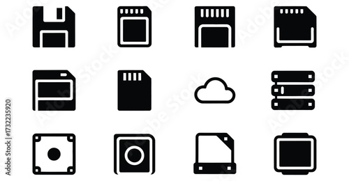 Set of black and white icons showing floppy disks, memory cards, cloud, and hard drives, symbolizing data storage, tech evolution, and computing 