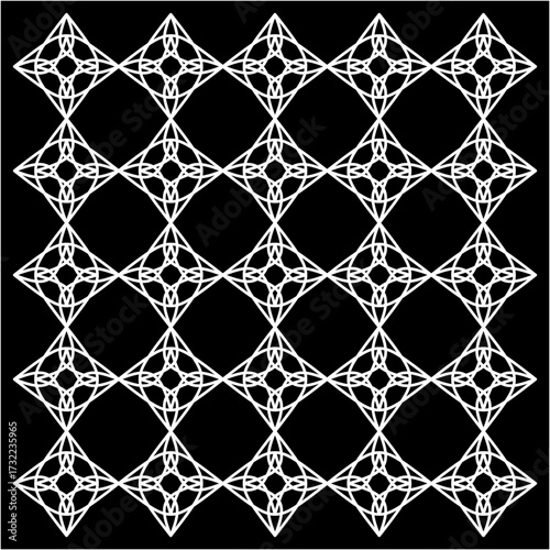 Interlaced white diamond patterns stretch endlessly across blackness, forming a delicate web of geometry, symmetry, balance, repetition, harmony, structure, and infinite order.