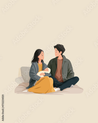 A young couple sits together on a soft blanket, warmly gazing at their newborn baby. They share a tender moment of happiness in their cozy home.