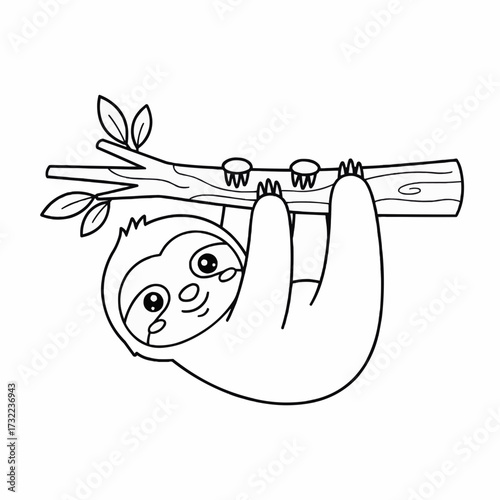 Adorable cartoon sloth playfully hanging upside down from a tree branch, presented as a black and white outline illustration perfect for children's coloring activities and fun designs
