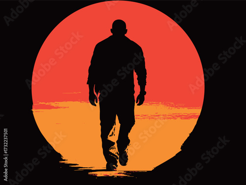 A lone figure walks towards a colorful sunset, creating a striking silhouette against the vibrant orange and red sky during twilight.
