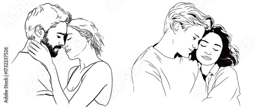 Two couples are depicted in a minimalist sketch art form, embracing lovingly. The scenes capture their shared connection and tenderness in simple line art.