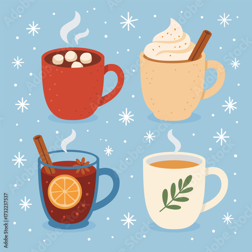Winter Hot Drinks Set – Cozy Seasonal Beverages Vector Illustration. Set of cozy winter hot drinks such as cocoa, coffee, tea and mulled wine with seasonal spices and decorations