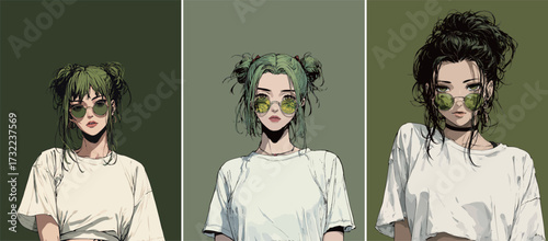 Three characters with vibrant green and dark hair wear stylish sunglasses and simple tops. They pose against a soft green backdrop that enhances their unique fashion.