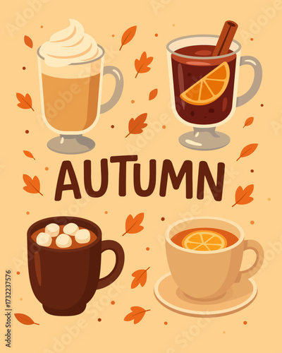 Vector Illustration Set of Four Hot Autumn Drinks. Cocoa with marshmallows, pumpkin spice latte, mulled wine with spices, and herbal tea. Minimalist and trendy design perfect for autumn themes