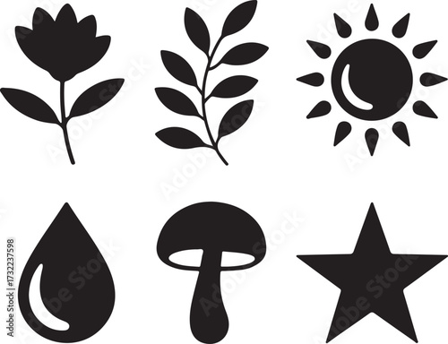 Black silhouettes of natural elements and celestial body