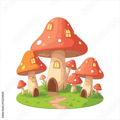 Cute cartoon mushrooms in forest and grass vector illustration