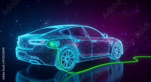 Electric Car Charging Futuristic Wireframe Neon Technology Copy Space