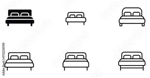 Set of six bed icons in varied styles including solid and outline designs, ideal for lodging, hospitality, furniture catalogs, and UI/UX applications
