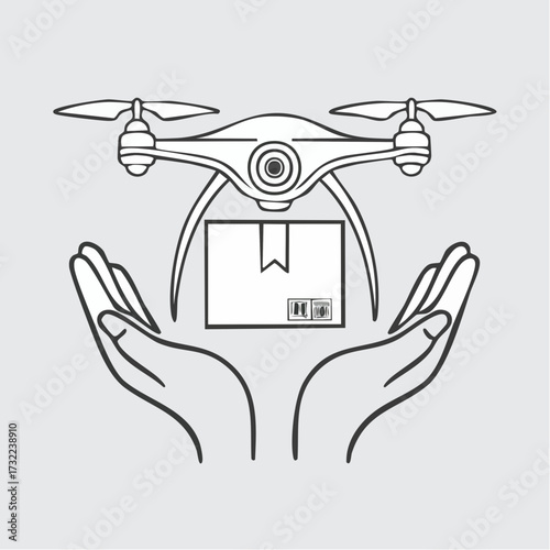 Drone delivery concept in vector illustration Hands holding a package being delivered by a drone, symbolizing modern logistics and fast shipping