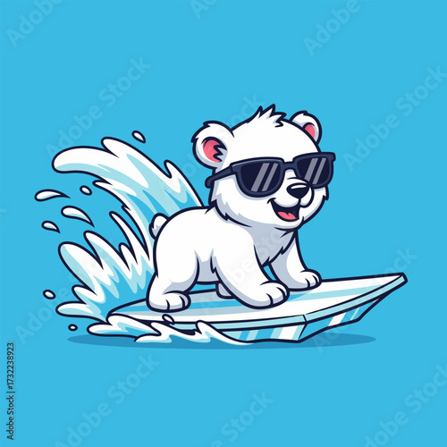 A cute, cool polar bear character wearing stylish sunglasses, enjoying a fun summer surf adventure on an ice floe