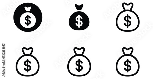Set of six money bag icons with dollar signs in varied styles, ideal for finance, business, savings, investment, and economic-themed illustrations