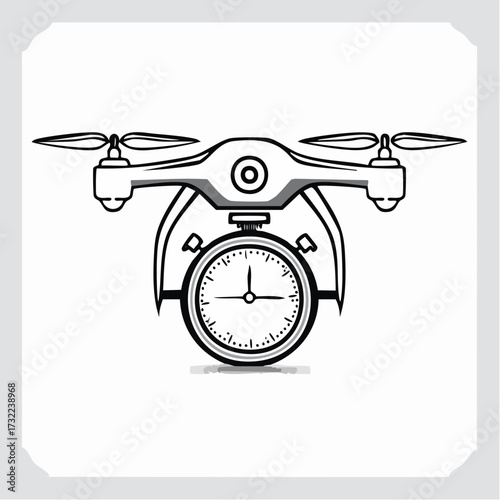 Efficient aerial drone service vector graphic, showcasing fast delivery with an integrated stopwatch, a reliable flag for time-sensitive logistics and modern technology