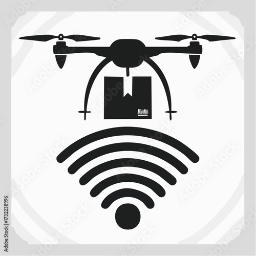 Modern unmanned aerial vehicle drone carrying a package with wireless signal icon, an innovative technology vector flag depicting efficient, remote delivery and connectivity