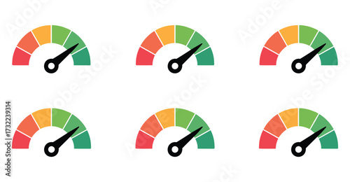 Set of six gauge-style meter icons with color-coded segments and varied needle positions, ideal for performance, rating, and risk assessment visuals