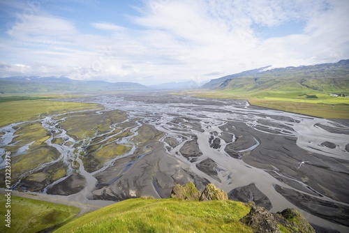 View from a hill, view over alluvial land, meandering river, Dímonarhellir, Suðurland, Iceland
