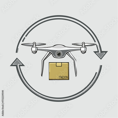 Modern drone shipping concept with a delivery package, a flag of future logistics and e-commerce, isolated vector illustration