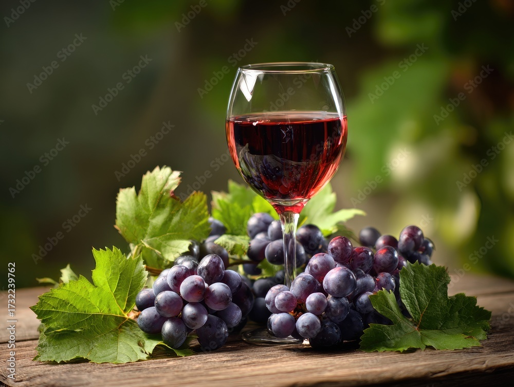 Fototapeta premium A stemmed glass of red liquid is beside a bunch of ripe, dark purple grapes, fresh green leaves