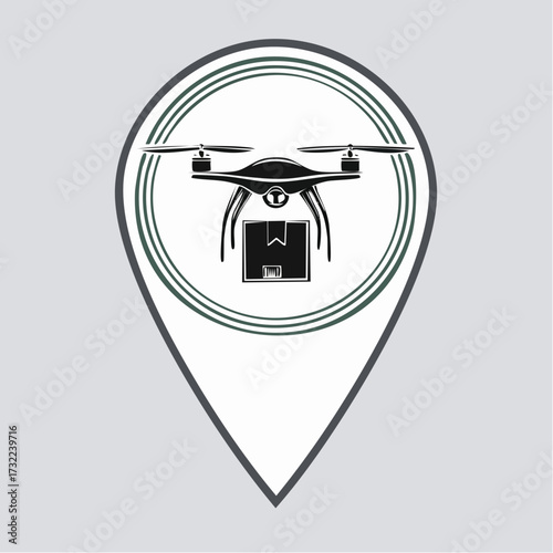 Drone delivery service location pin flag vector illustration showing an unmanned aerial vehicle carrying a parcel for modern shipping logistics