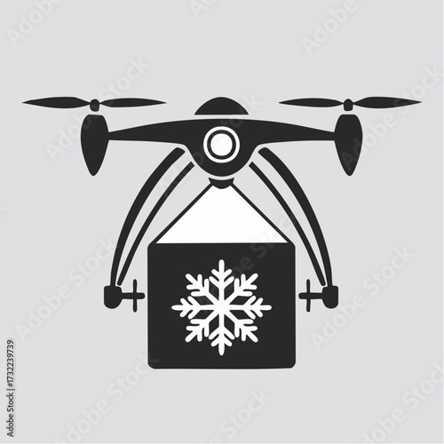 Black drone vector delivery package design. Aerial technology for fast transport with a flag icon element. Modern concept