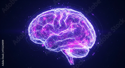 Digital Brain Artificial Intelligence Technology Concept Purple Glowing Copy Space