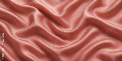 Luxurious pink satin fabric with a smooth, soft texture and wavy, curved drapery makes an elegant, romantic backdrop for fashion and decoration