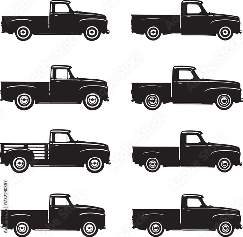 Collection of vintage pickup truck silhouettes black