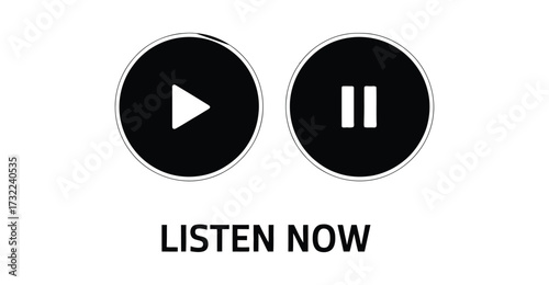  Black circular play and pause icons with “LISTEN NOW” text, ideal for podcast branding, audio streaming, media control, and digital interfaces