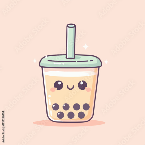 Vector flat design of a cute bubble tea cup with straw and smiling face, simple pastel color palette