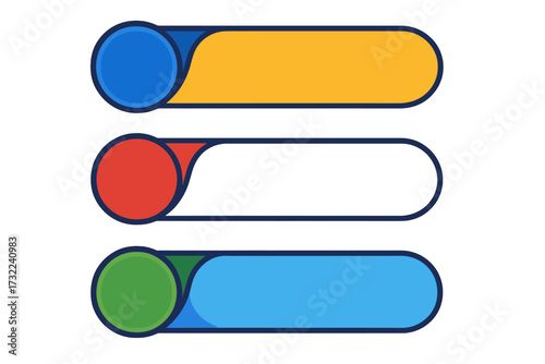 Three colorful rounded rectangular banners with circular elements for listing information on transparent background