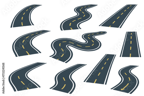 Curved Winding Asphalt Road Illustrations with Yellow Lines Isolated on Transparent Background Vector