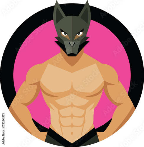 Gay puppy superhero in wolf mask. Round bright vector for gay dog super hero print