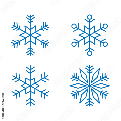 set of abstract blue line snowflakes icons, snowflake snow symbol collection for new year, Christmas, winter design cards, poster, banner, pattern, advertisement , snowflakes vector icon template	