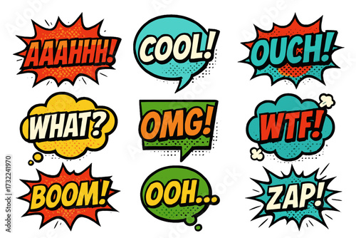 Retro Comic Book Speech Bubbles Expressing Emotion Surprise Shock and Impact Isolated on Transparent Background