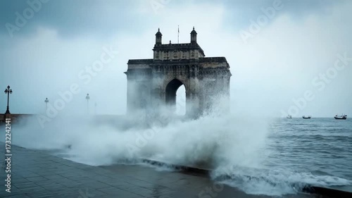Waves Crashing Near Gateway of India in Mumbai India on Overcast Day