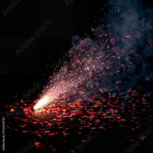 Wallpaper Mural Close-up of toppled firework rocket on ground with smoke and scattered confetti Torontodigital.ca