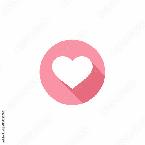 Flat design heart icon with long shadow in pink circle on white background