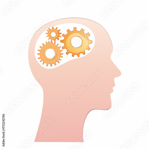 Human head profile illustration with interconnected gears symbolizing thinking, brain activity, intelligence, and mental process.