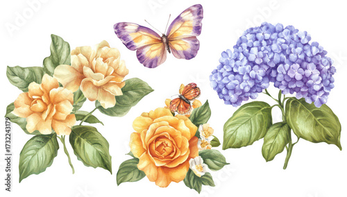 A arrangement of blooming roses in shades of yellow and orange. accompanied by delicate hydrangeas in blue. with butterflies gracefully fluttering. set against a clean white background