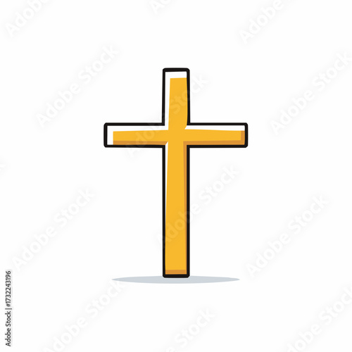Golden Christian cross icon with black outline. Hand drawn religious faith and worship symbol.