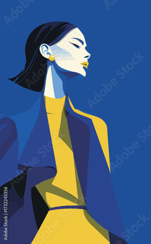 This artwork features a stylish woman in bold blue and yellow clothing, exuding confidence and elegance. The striking color contrast enhances her modern look.