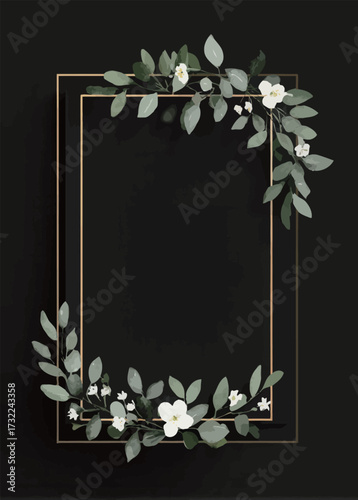 A decorative frame featuring vibrant green leaves and delicate white flowers is outlined in gold. The dark background enhances the elegance of the design.