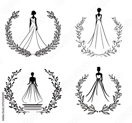 Four graceful gown sketches are displayed within floral wreaths. Each design showcases a distinct style, emphasizing elegance and creativity in fashion.