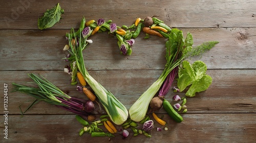 edible. Artistic heart-shaped vegetable arrangement on rustic wood, symbolizing healthy living in natural morning light. menu design.