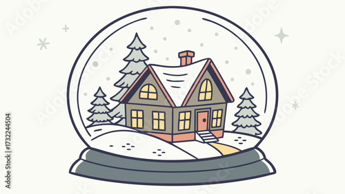 Charming winter scene inside a snow globe with cozy house and pine trees, perfect for holiday greetings and seasonal decorations, originally a scalable vector graphic