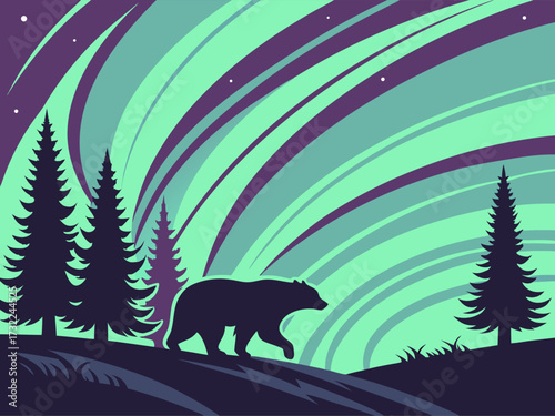 Majestic bear traversing serene landscape under vibrant aurora borealis, a captivating nature scene with elegant vector art style and calming wildlife presence
