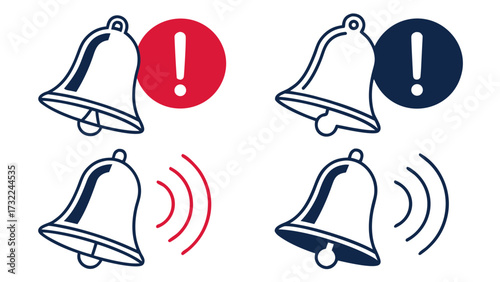 Four bell icons, two with exclamation marks, two with sound waves, in red and blue.